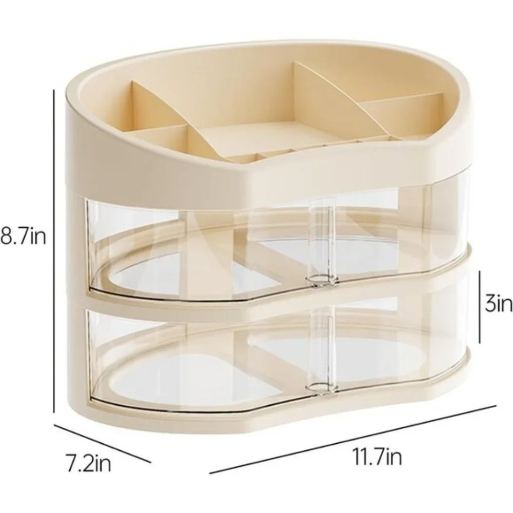New 360° Rotating Makeup Organizer, Vanity Countertop with 2 Spacious Drawers